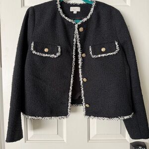 LOFT Black Tweed Jacket with White Fringe Trim